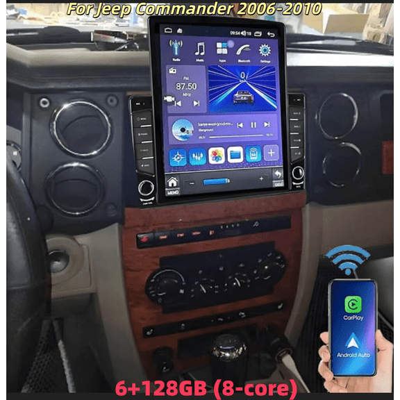6+128GB (8-core) 9.7in Universal Double Din Car Stereo Radio for Jeep Commander 2006-2010 with Carplay Android Auto GPS Navigation Bluetooth WiFi SWC Mirror Link + 4Led Backup Camera