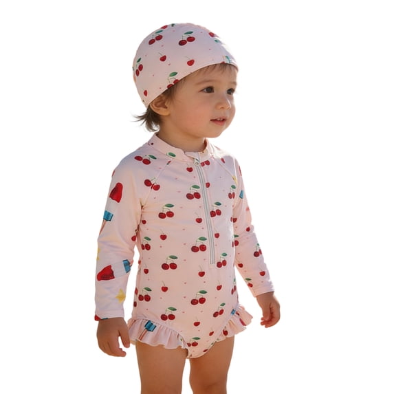 6-12M Bathing Suit Girls Toddler Girl Peach Leaf Print Long Sleeve Swimsuit Set with Matching Swim Cap for Warm Pool and Beach