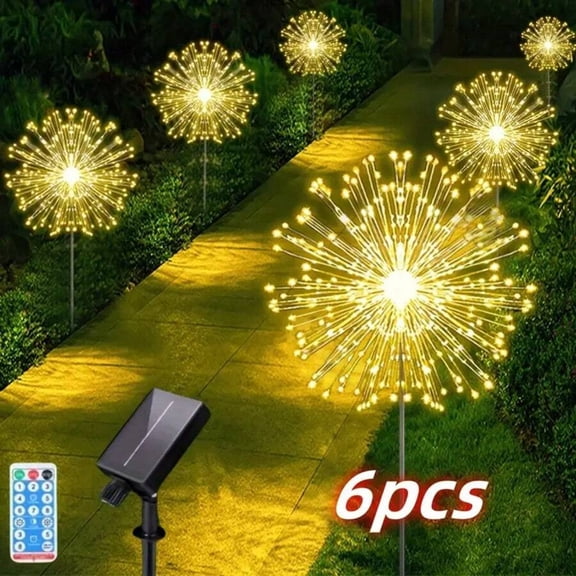 6/12PCS Solar Dandelion Firework Lights - 540/1080 LED 8 Modes with Remote Control, DIY Shape Warm White Lawn Landscape Lights for Christmas/Halloween/Spring Festival Decorations