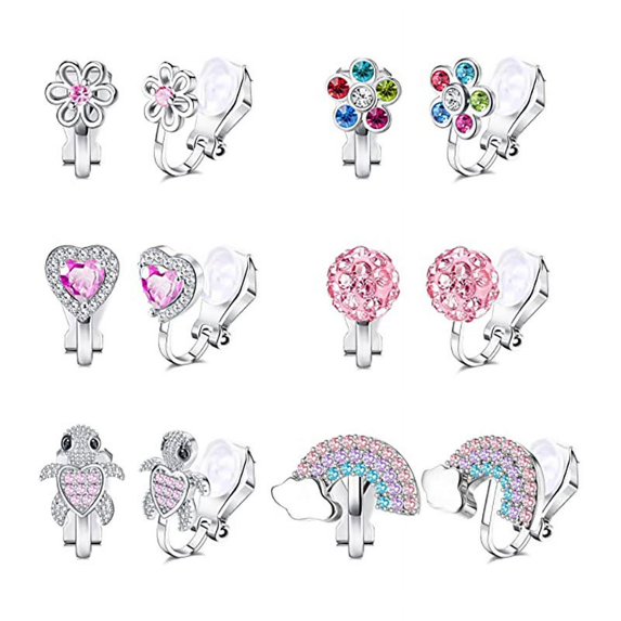 6-12Pairs Clip on Earrings for Women Colorful Crystal Non-Piercied Earrings Cute Flower Heart Butterfly Pearl Clip-on Earrings