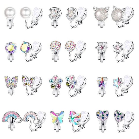 6-12Pairs Clip on Earrings for Women Colorful Crystal Non-Piercied Earrings Cute Flower Heart Butterfly Pearl Clip-on Earrings