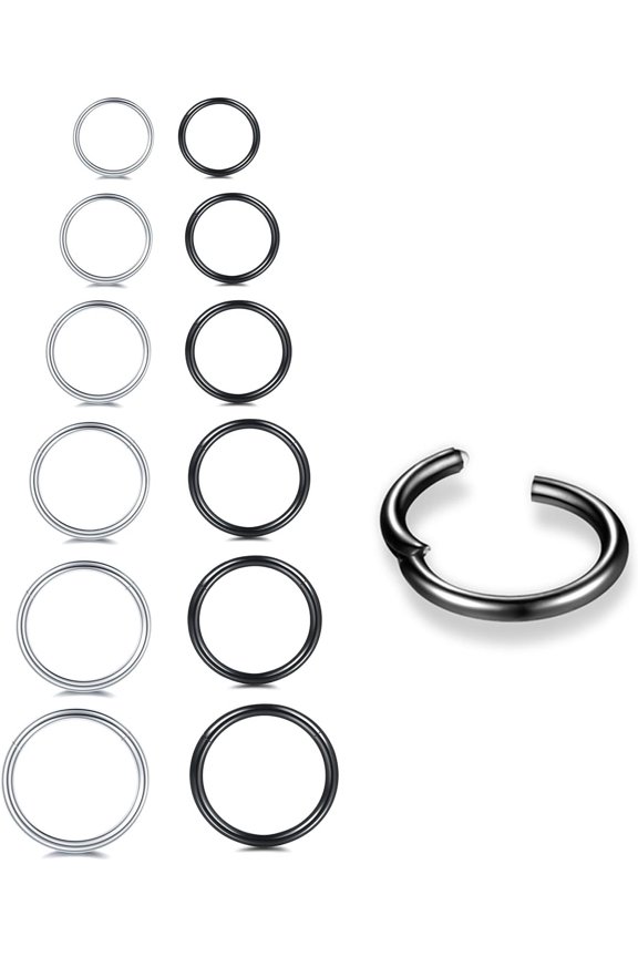 6/12Pcs 16G 18G 20G Nose Rings Hoops 316L Surgical Steel Nose Septum Lip Rings Tragus Cartilage Daith Rook for Women 6mm 7mm 8mm 9mm 10mm 12mm
