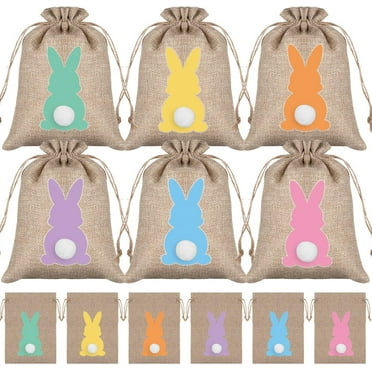 6/12Pcs Easter Burlap Bag Drawstring Gift Bag Easter Bunny Rabbit Linen Jute Bag with Fluffy Tail Gift Pouch Bag Hunt Bag Party Favor Bag Chocolate Sweet Bags for Easter Birthday Treats Goodie