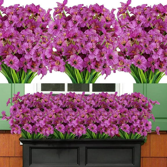 6/12pcs Artificial Silk Flowers UV Resistant Fake Violet Flowers Outdoor No Fade Faux Plastic Greenery Shrubs for Garden Porch Window Box Decorating