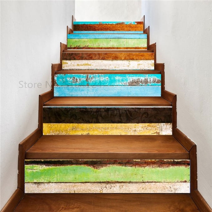 6/13 Colorful wood grain stair stickers Stair mural wallpaper riser