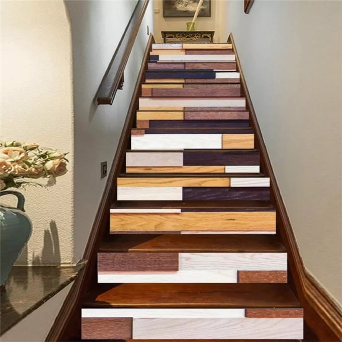 6/13 Colorful wood grain stair stickers Stair mural wallpaper riser