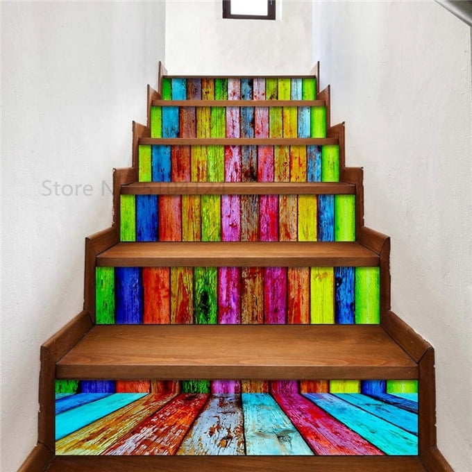 6/13 Colorful wood grain stair stickers Stair mural wallpaper riser