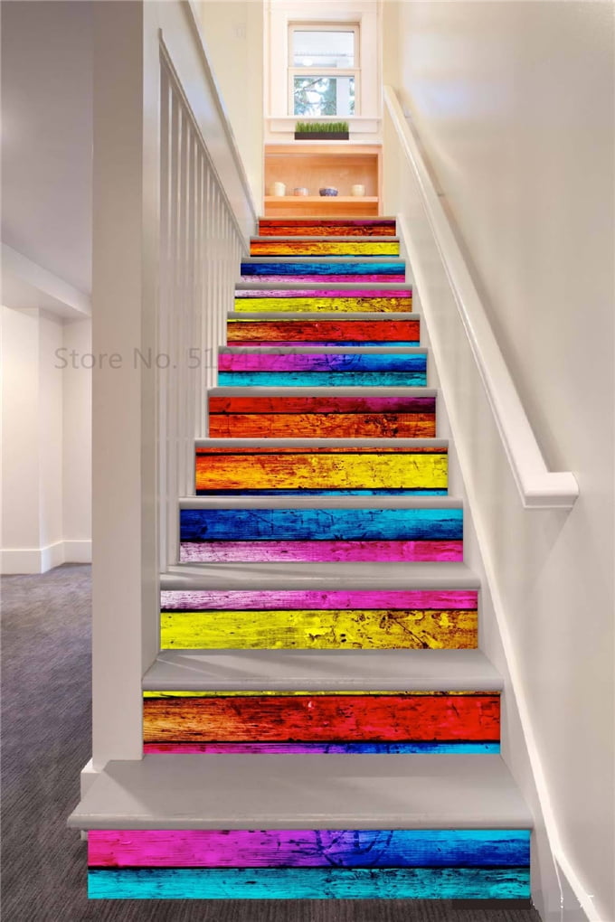 6/13 Colorful wood grain stair stickers Stair mural wallpaper riser