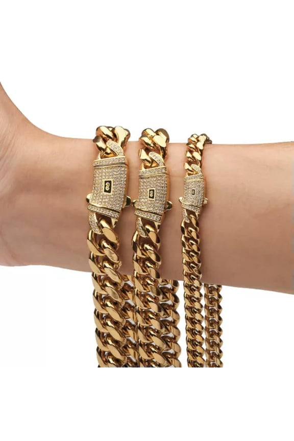 6-14mm Hip Hop Stainless Steel Miami Cuban Link Chain Necklace 18K Gold Plated