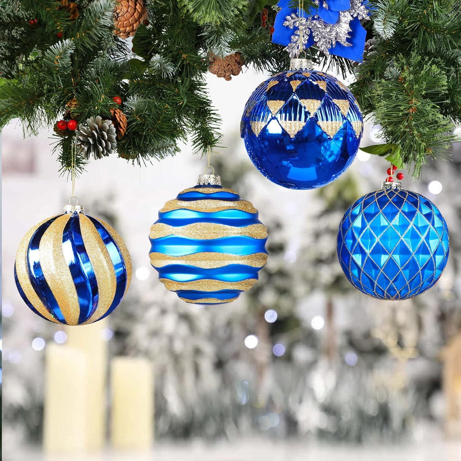 6"/150mm Large Christmas Ball Ornaments, 4Pcs Christmas Tree Decor, Shatterproof Hanging Decorations with Hooks, White & Silver Baubles for Xmas Tree, Wedding, Holiday and Party Decor