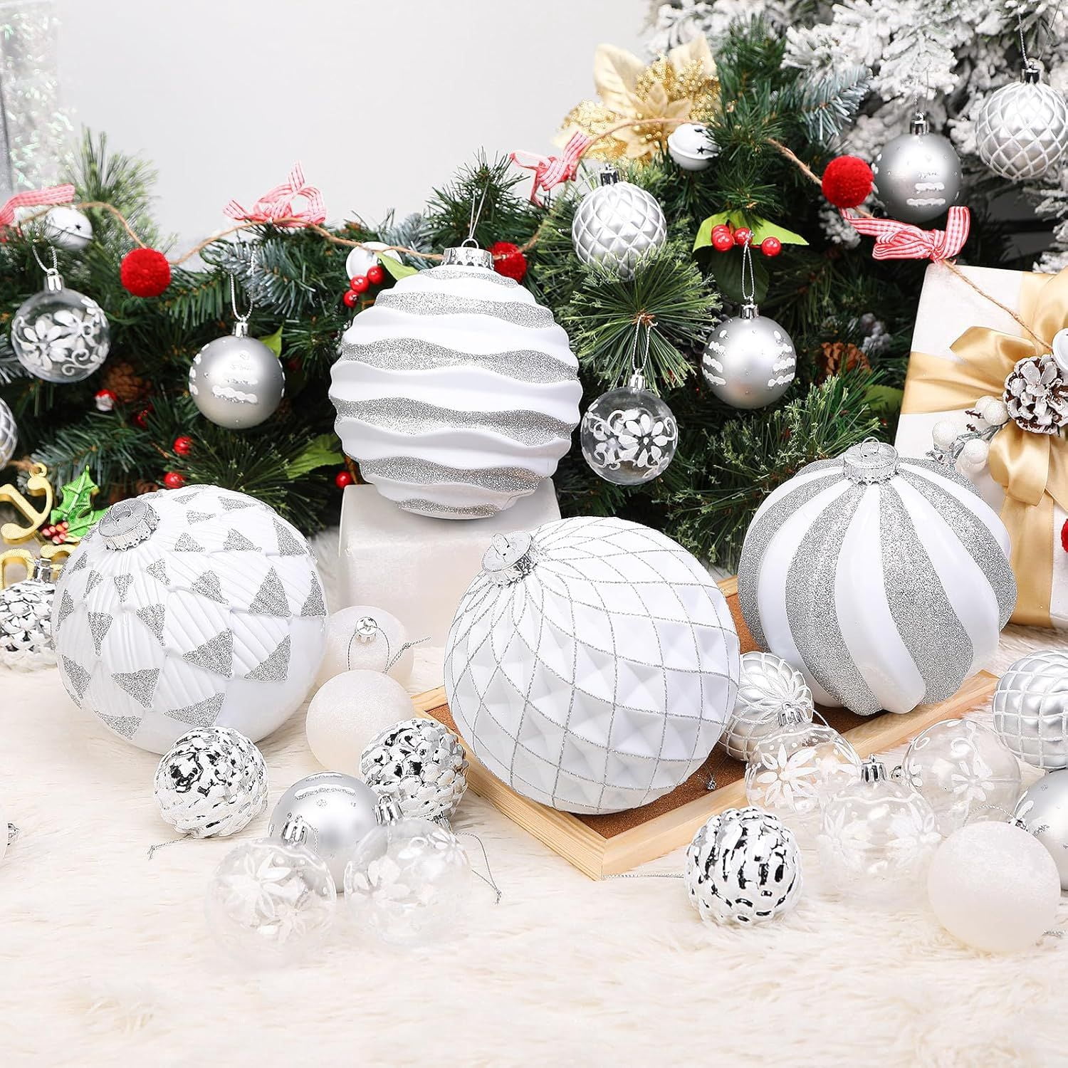 6"/150mm Large Christmas Ball Ornaments, 4Pcs Christmas Tree Decor, Shatterproof Hanging Decorations with Hooks, White & Silver Baubles for Xmas Tree, Wedding, Holiday and Party Decor