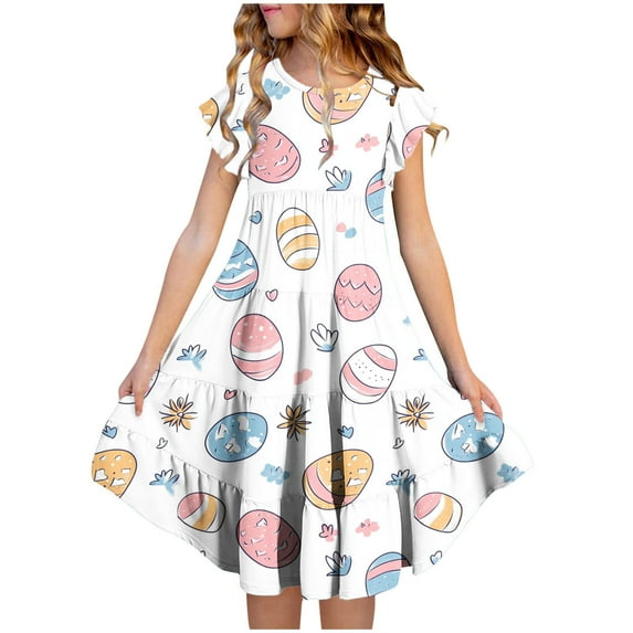 6-15Y Girls' Summer Smocked Ruched Princess Ruffled Short Sleeves Tiered Gradient Skirt Round Neck Multi-Color Prints Soft A Line Dress