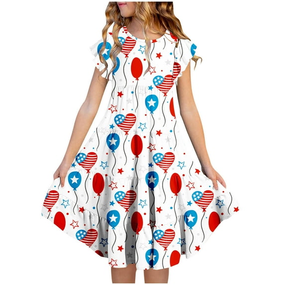 6-15Y Girls' Summer Smocked Ruched Princess Ruffled Short Sleeves Tiered Gradient Skirt Round Neck Multi-Color Prints Soft A Line Dress