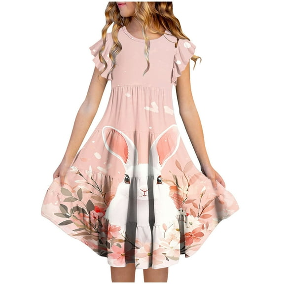6-15Y Girls' Summer Smocked Ruched Princess Ruffled Short Sleeves Tiered Gradient Skirt Round Neck Multi-Color Prints Soft A Line Dress