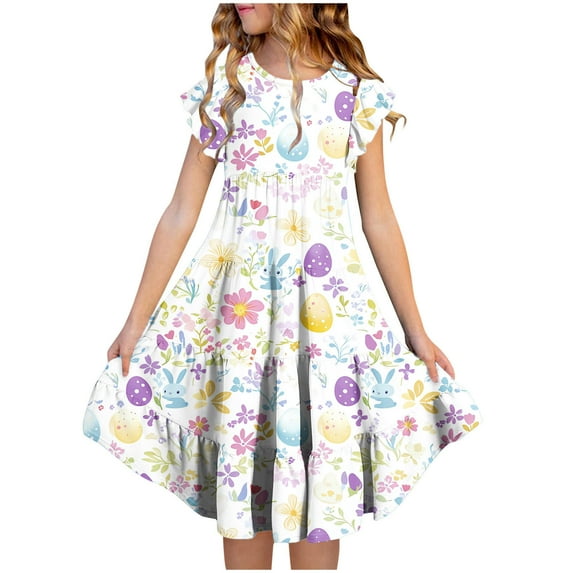 6-15Y Girls' Summer Smocked Ruched Princess Ruffled Short Sleeves Tiered Gradient Skirt Round Neck Multi-Color Prints Soft A Line Dress
