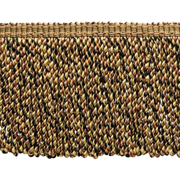 6" (15cm) Bullion Fringe Trim with Fancy Woven Gimp Header # BFMLT6WVN,, Biscotti Beige #PR16 (Dark Beige, Dark Red, Pure Black) Sold By The Yard (36"/3 ft/0.9m)
