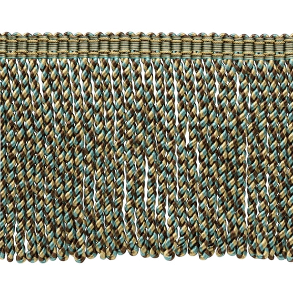 6" (15cm) Bullion Fringe Trim with Fancy Woven Gimp Header # BFMLT6WVN,, Topaz Beige #PR24 (Gold Beige, Chocolate Brown, Sky Blue) Sold By The Yard (36"/3 ft/0.9m)