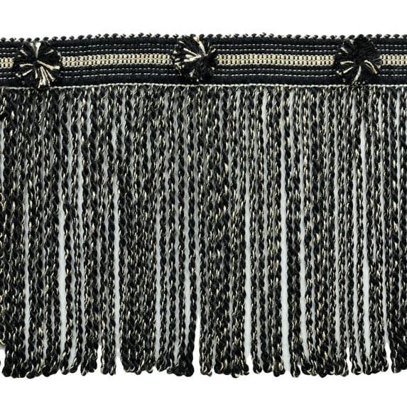 6" (15cm) Heirloom Collection Contemporary Header with Pompom Bullion Fringe Trim # BFHR6,, Chesapeake Black #21775 (Pure Black, White Ivory, Dark Beige) 5 Yards (15 ft/4.5m)