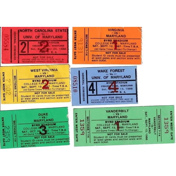 6 1986 1987 1988 Maryland Terrapins football ticket stubs