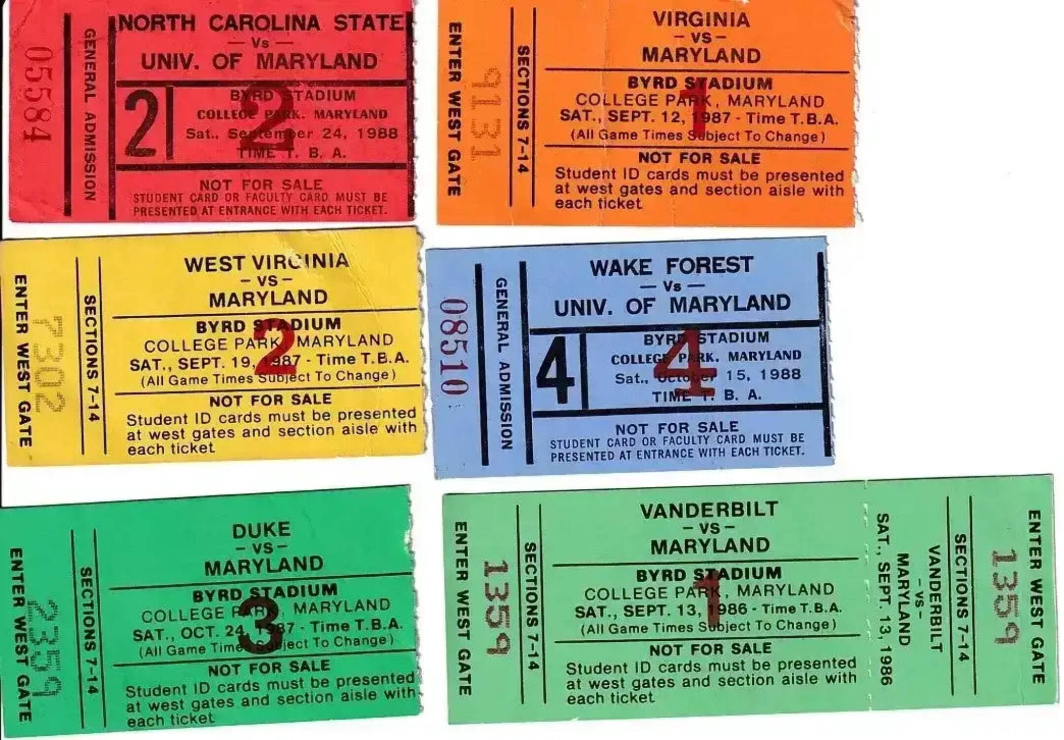 6 1986 1987 1988 Maryland Terrapins football ticket stubs