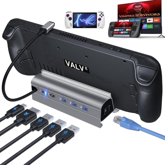 6 in 1 Docking Station for Steam Deck ROG Ally, With HDMI 2.0 4K@60Hz, 1000Mbps Gigabit Ethernet, 3 USB-A 3.0 and 100W Full Speed Charging USB-C Port Compatible with Valve Steam Deck Switch,Silver