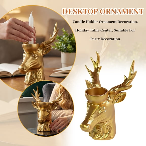 6.1in Resin Deer Head Candle Holder Tabletop Decoration for Living Room Mantel, Animal Antler Candlestick Home Holiday Centerpiece Decor