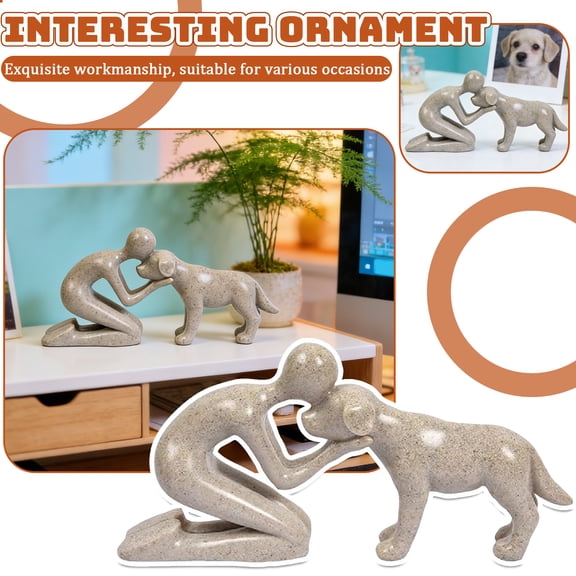 6.1in Resin Dog Figurine Human and Dog Sculpture Tabletop Ornament for Living Room Shelf Office Desktop Home Decoration Accent