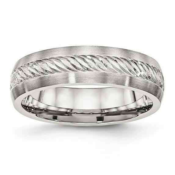 6.1mm Stainless Steel Brushed With Silver Sparkle-Cut Inlay Ring - Size 12