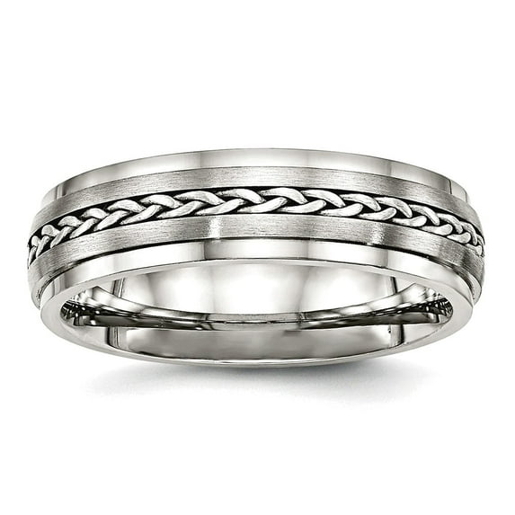 6.1mm Stainless Steel Polished and Brushed With Silver Braid Inlay Ring Size 8.5 Ring for Women