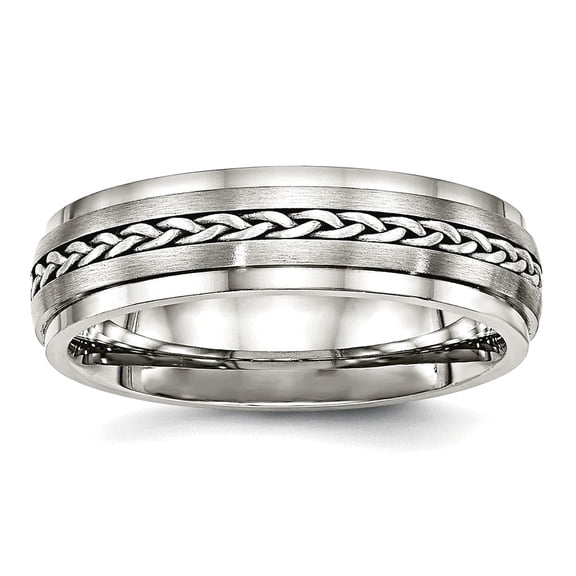 6.1mm Stainless Steel Polished and Brushed With Silver Braid Inlay Ring Size 8 Ring for Women