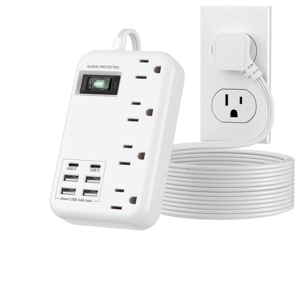 6 (2  C) Surge Protector Power Strip- 10 Ft Extension Cord with 24W   Station and 4 Outlets, Long Flat Extension Cord with Multiple Outlets for Travel  Office Dorm White