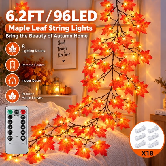 6.2 FT 96 LED Maple Leaf String Lights with Remote, 8 Lighting Modes, Warm White Fall Garland Lights for Bedroom, Home, Thanksgiving, Halloween Decor