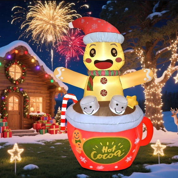 6.2 FT Christmas Gingerbread Inflatables Outdoor Decorations, Blow Up Gingerbread Man in Hot Cocoa Mug Candy Cane Yard Decor with Build-in LEDs for Indoor Outdoor Garden Party Lawn Xmas Decor