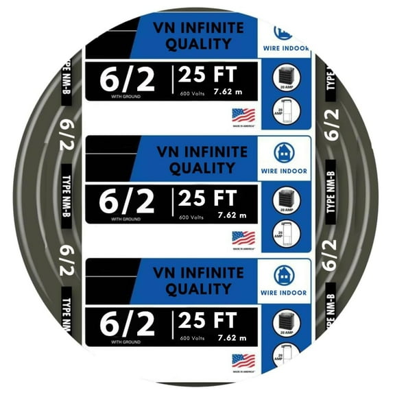 6/2 NM-B Non-Metallic Residential Indoor Wire Nonmetallic with Ground Sheathed Cable 25 Ft