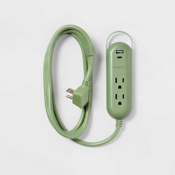 6' 2-Outlet Indoor Extension Cord with USB and USB-C Ports Green: Flat Plug, 16 AWG, 6ft Length