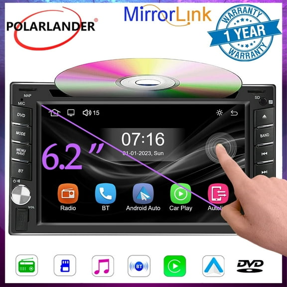 "6.2" Touchscreen Double DIN Car Stereo with Wireless/Wired CarPlay & Android Auto, Bluetooth, CD/DVD Player, FM/AM/RDS Radio, MirrorLink, SD/USB Input