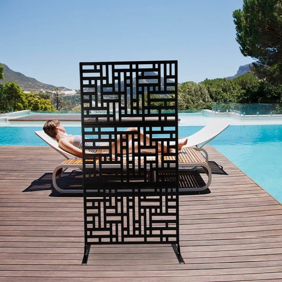 6.2-ft Black Steel Privacy Screen, 35.4" W, 46.3 lbs H-Base, Nano-Bake Stripe Panel, Wind-Proof, Balcony/Garden/Pool Divider, 0.8 mm, Tool-Free Assembly