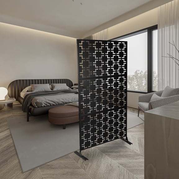 6.2-ft Black Steel Privacy Screen, 35.4" W, H-Base Grid Panel, Nano-Bake Rust-Proof, Balcony/Garden UV Shade, Hotel Living-Room Partition, 0.8 mm, Bubble-Protected Ship