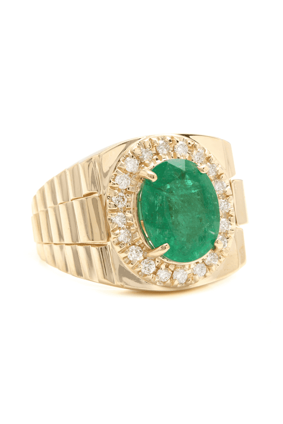 10K Solid Yellow Gold Green Emerald Engagement Ring, Diamond Men's Ring