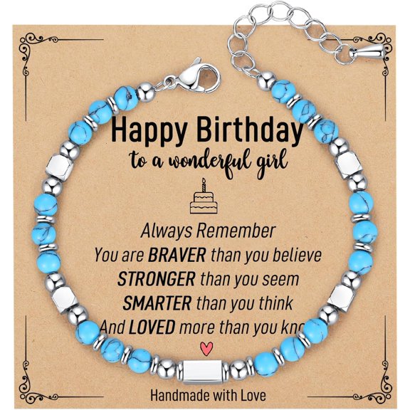 6-21 years old girl birthday gift, small natural stone bracelet with birthday gift card, happy birthday gift for girl daughter granddaughter niece sister friend