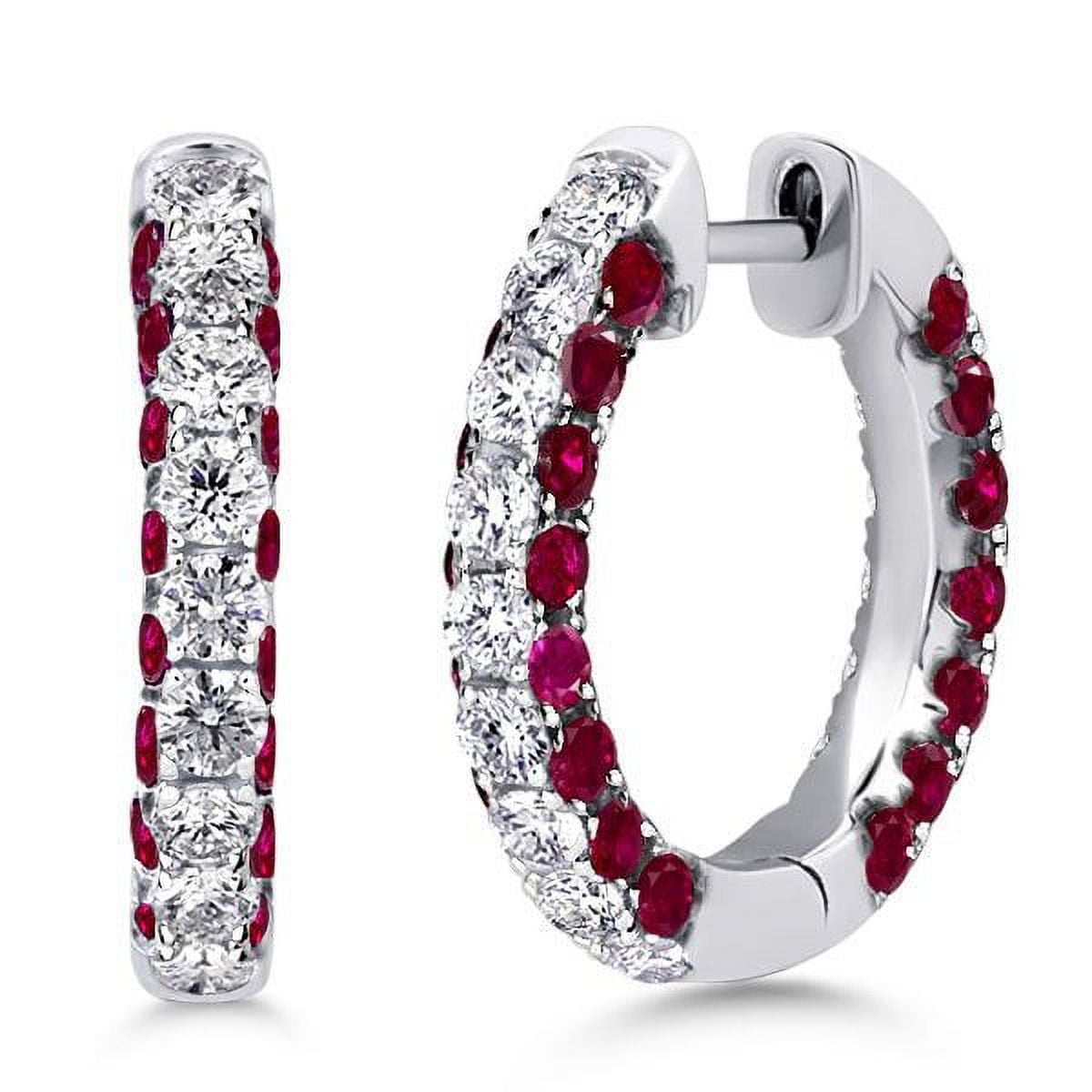 JEWELS GALLERY 6.22 Carat 3-Sided Round Ruby Hoop Earrings For Women in 18K White Gold Plated