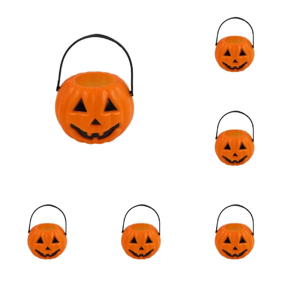 6-24PC Mini Plastic Pumpkin Candy Bucket 2.6x2.1 Inch Halloween Pail Portable Pumpkin Basket with Handle for Party Table Decor Orange Black Retro Festive Treat Holders
