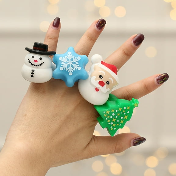 6/24Pcs Christmas Ring Holiday Party Finger Lights Santa Snowflake Tree Snowman Reindeer Glowing Ring Festive Light-up Toys