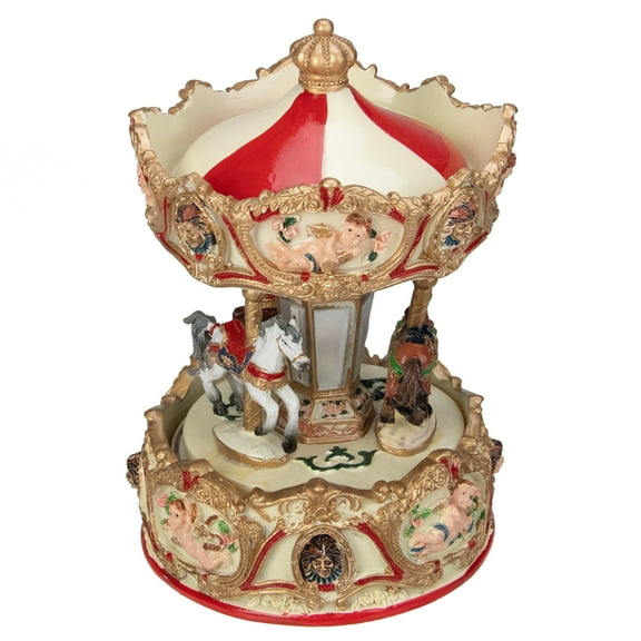 6.25" Animated Musical Clown and Cupid Carousel with Canopy and 3-Horses Table Top Decoration