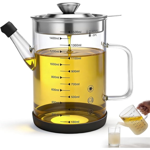 6.25 Cups / 1.5L Glass Fat Separator Bacon Oil Container with Strainer 50 oz Separator for Kitchen Cooking Grease Strainer Frying Oil Storage Can Transparent Silicone Bottom and Stopper