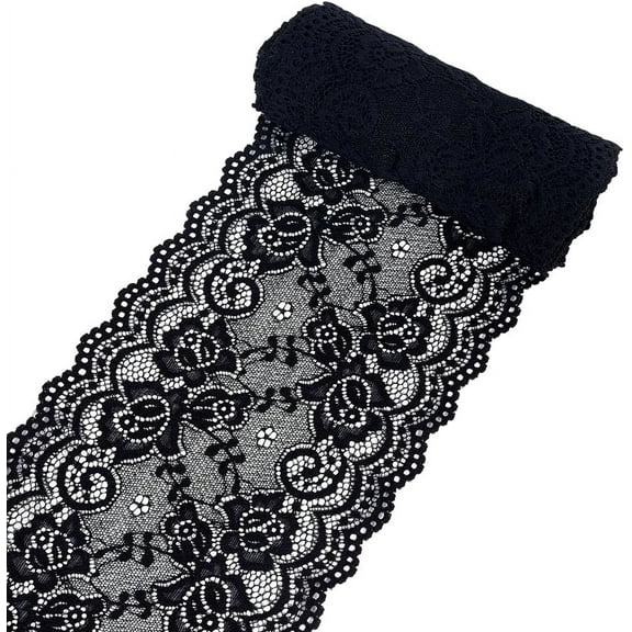 6.25 Inch Black Lace Ribbon Roll Wide Scalloped Edge Polyester Stretch Elastic Trim Vintage Floral Pattern Stretchy Fabric Applique for Sewing Making Crafts Dress Costume Wedding TableclothBlack