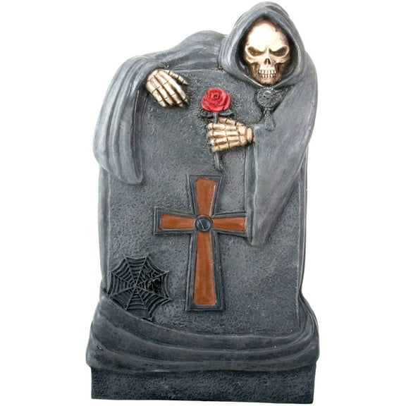 6.25 Inch Grey and Red Colored Skeleton with A Rose On A Tombstone Box