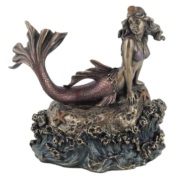 6.25 Inch Mermaid Laying on Rock Decorative Trinket Box, Bronze Color