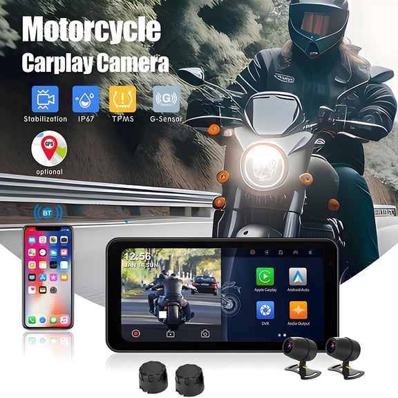 6.25 Inch Motorcycle CarPlay GPS Navigation System with Carplay and Android Auto 1080P Front Rear Camera Bluetooth for Petrol Scooter Moped GPS Navigation