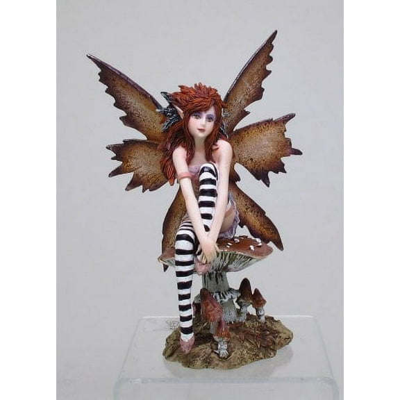 6.25 Inch Naughty Brown Fairy Sitting on Mushroom Statue Figurine